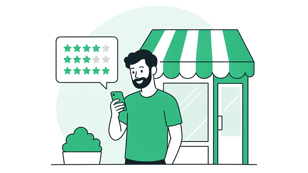 Un client laisse un avis sur un commerce de quartier depuis son téléphone, en notant plusieurs critères.